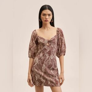 Mango Leaf-Print Mini Dress in Burgundy and Cream